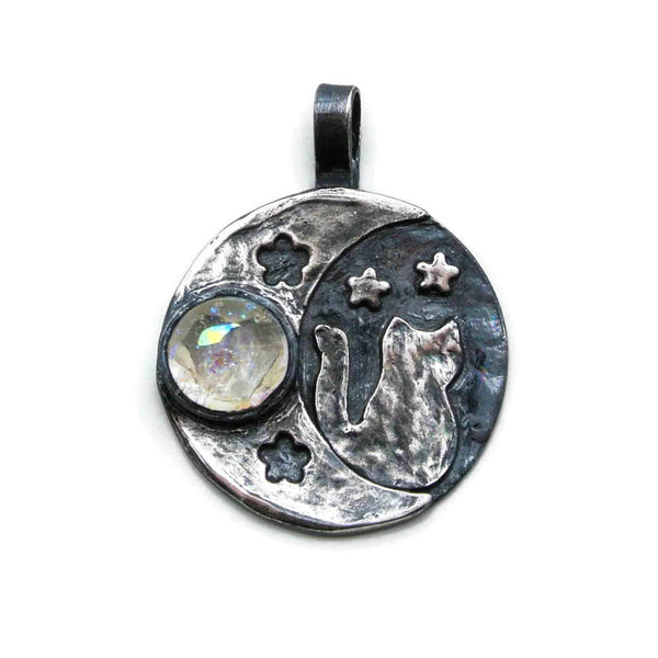 cat moon cremation ash in glass jewelry front view with spirit color glass