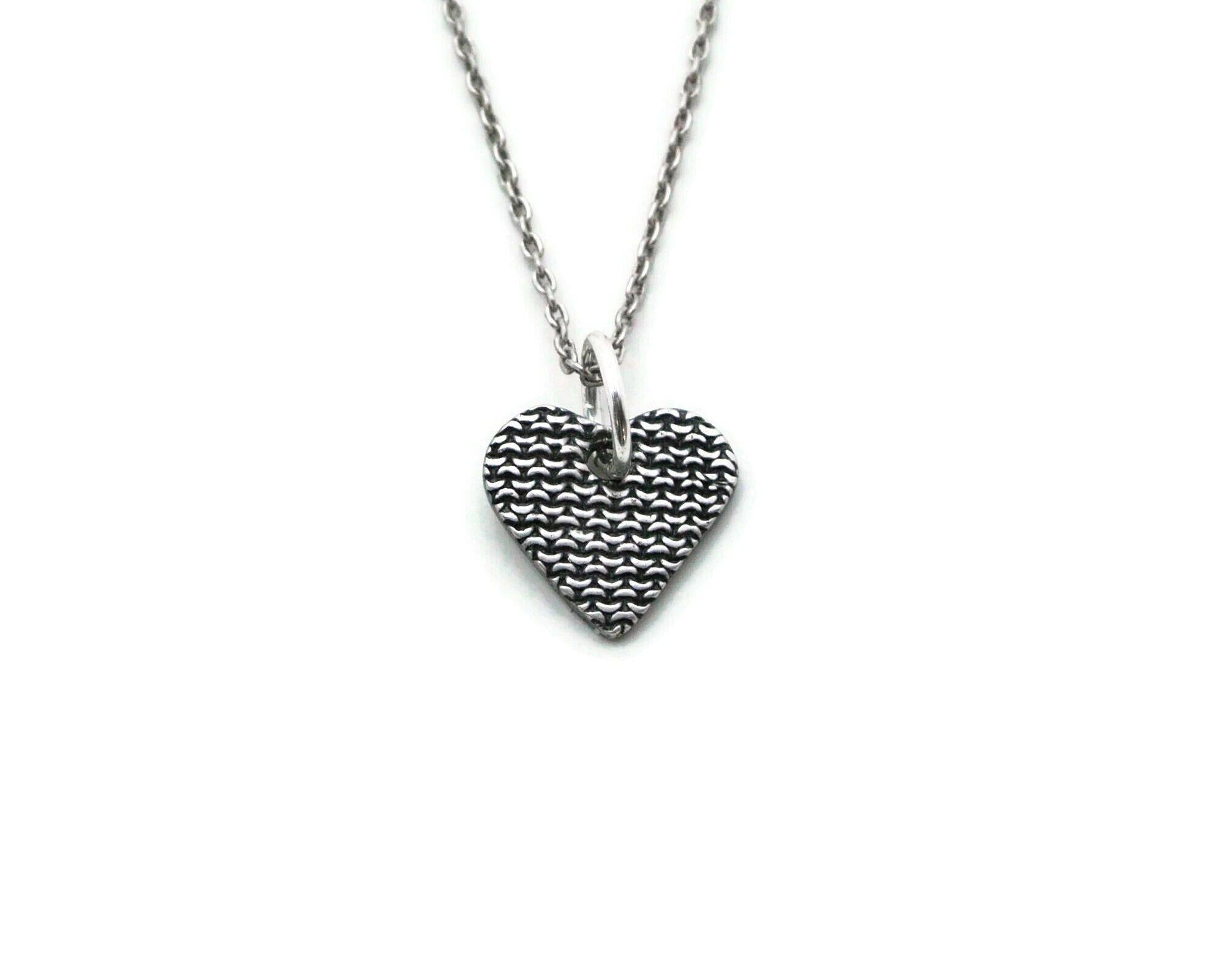 Small silver heart necklace with chain mail texture on sterling silver chain option