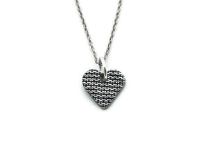 Small silver heart necklace with chain mail texture on sterling silver chain option