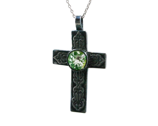 Silver Cross - Custom Handmade Pendant with Optional Memorial Ashes in Fused Art Glass - Cleopatra Glass Designs