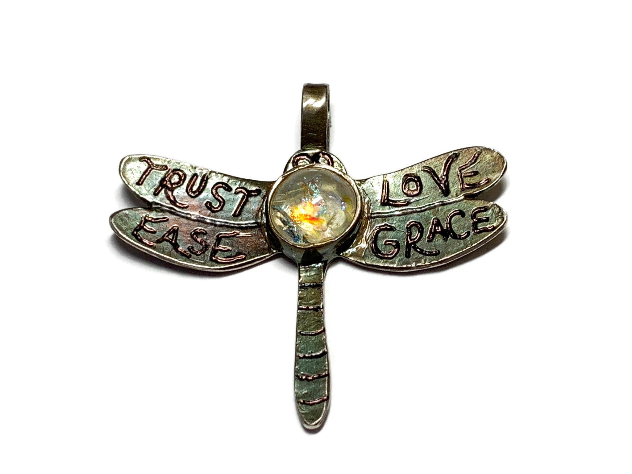 Laura's Dragonfly - Custom Inspiration Handmade Silver Pendant with Fused Art Glass Cabochon - Cleopatra Glass Designs