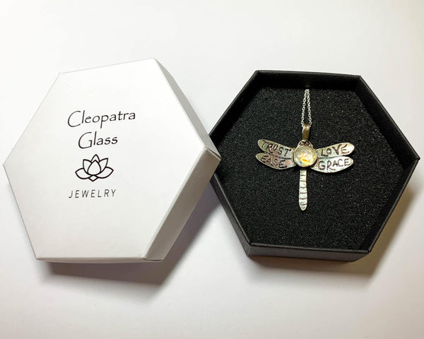 Laura's Dragonfly - Custom Inspiration Handmade Silver Pendant with Fused Art Glass Cabochon - Cleopatra Glass Designs