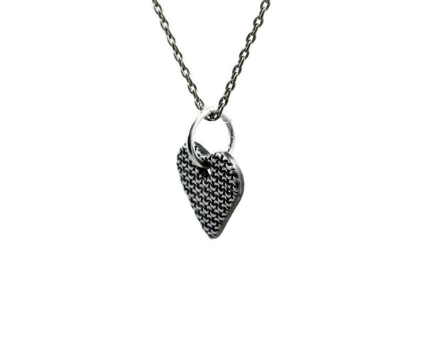 Small silver chain mail heart pendant side angle view on sterling silver chain option