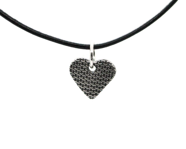 Small heart chain mail pendant on black leather cord option