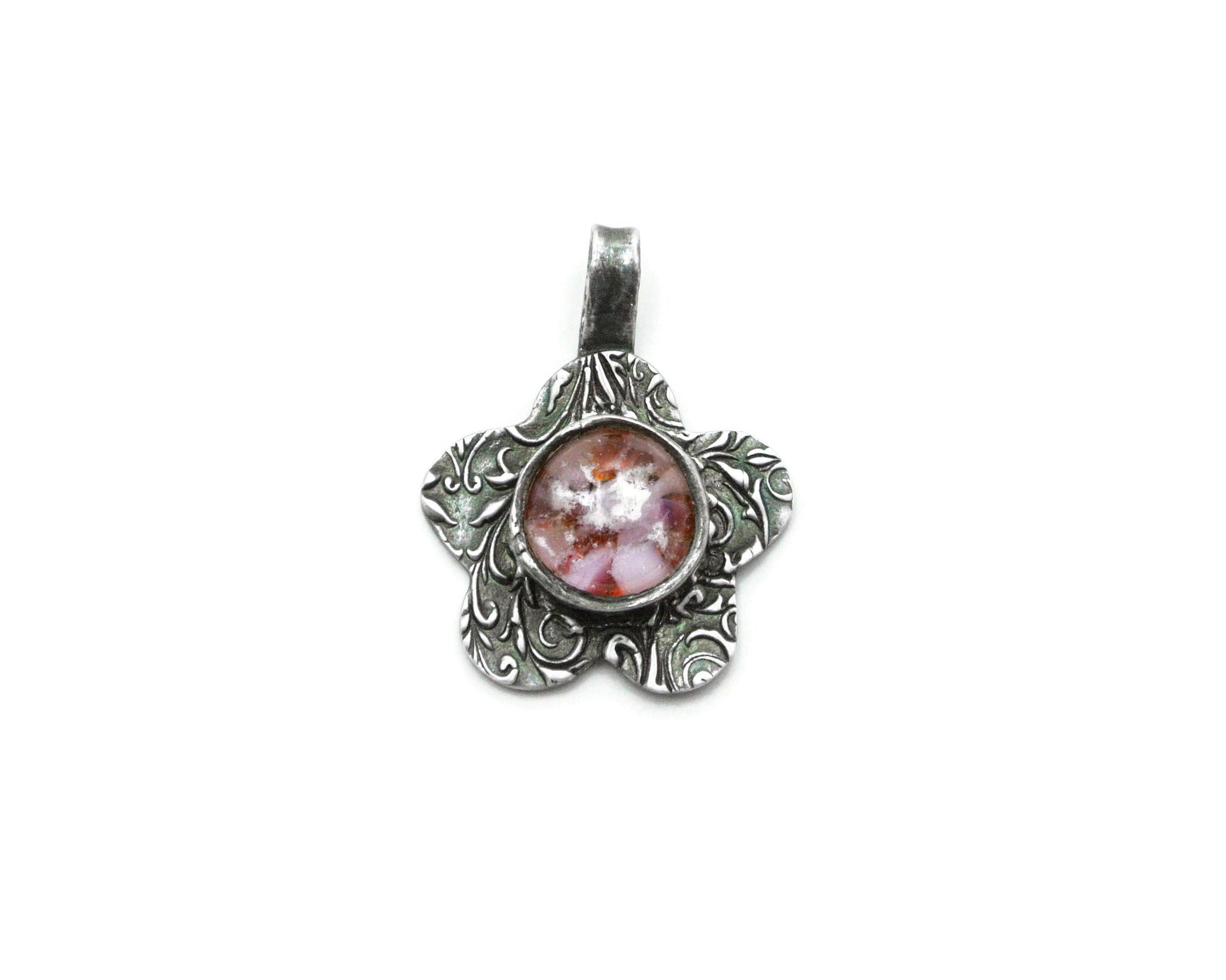 Silver Flower with Small Round Glass - Fine Silver Memorial Necklace - Cleopatra Glass Designs