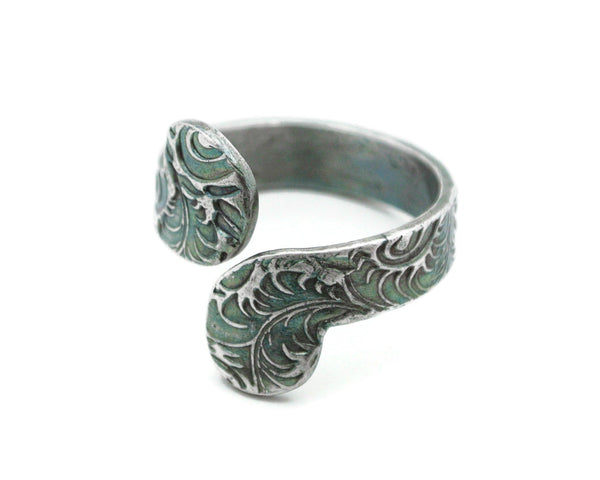 Favorite Adjustable Silver Swirls Ring with Green Patina - Cleopatra Glass Designs