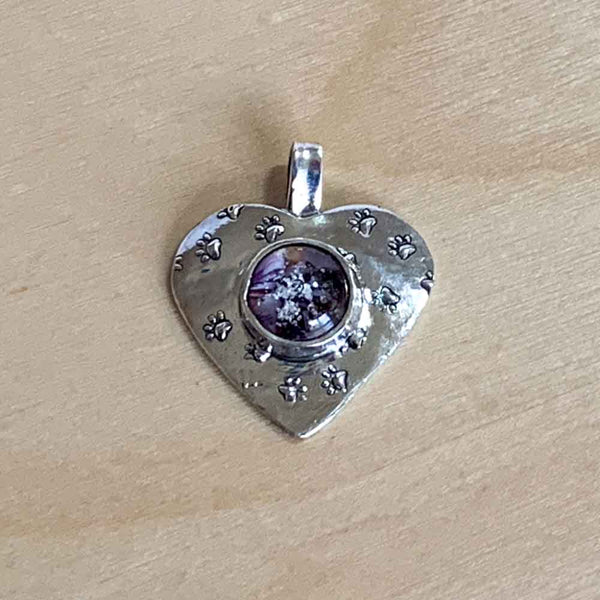 silver pawprint heart cremation necklace purple 