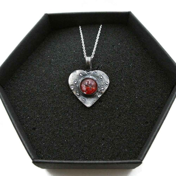 red pawprint heart pet cremation necklace in gift box