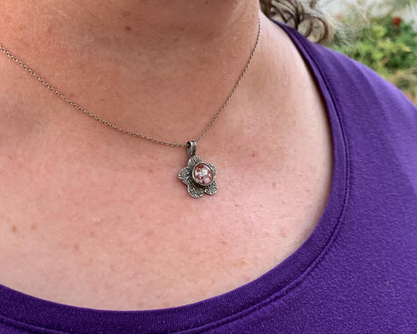 Silver Flower with Small Round Glass - Fine Silver Memorial Necklace - Cleopatra Glass Designs