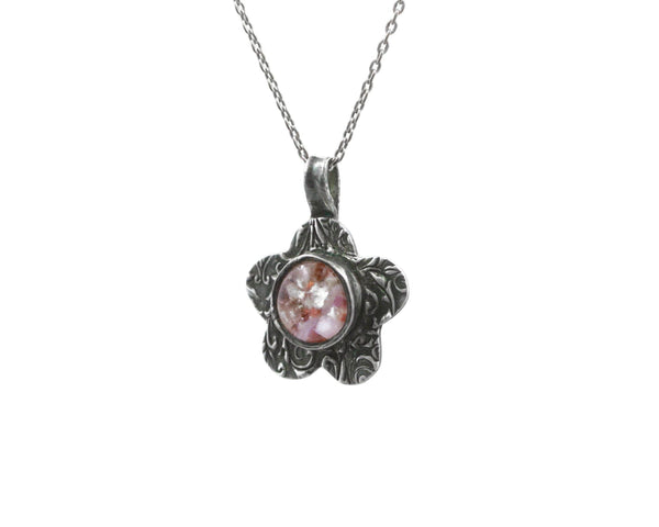 Silver Flower with Small Round Glass - Fine Silver Memorial Necklace - Cleopatra Glass Designs